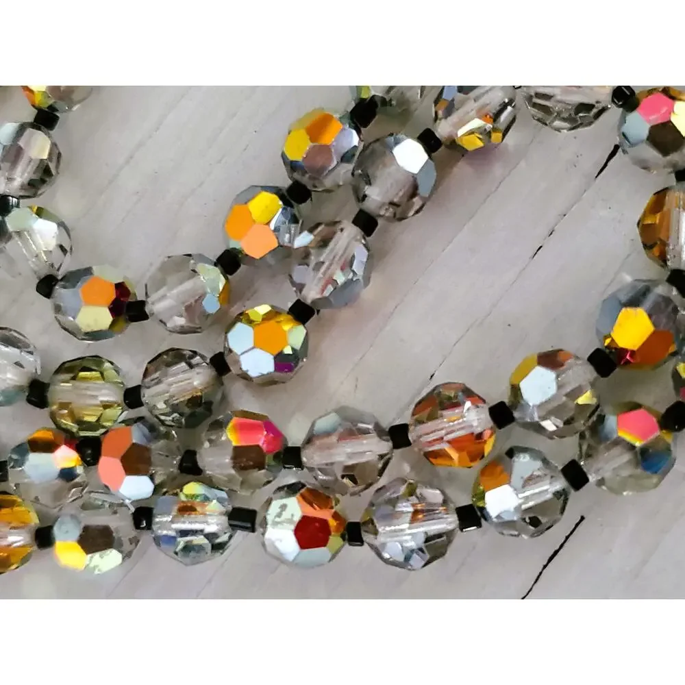 Vintage Smokey Glass AB Faceted Double Bead Strand Necklace with Box Clasp